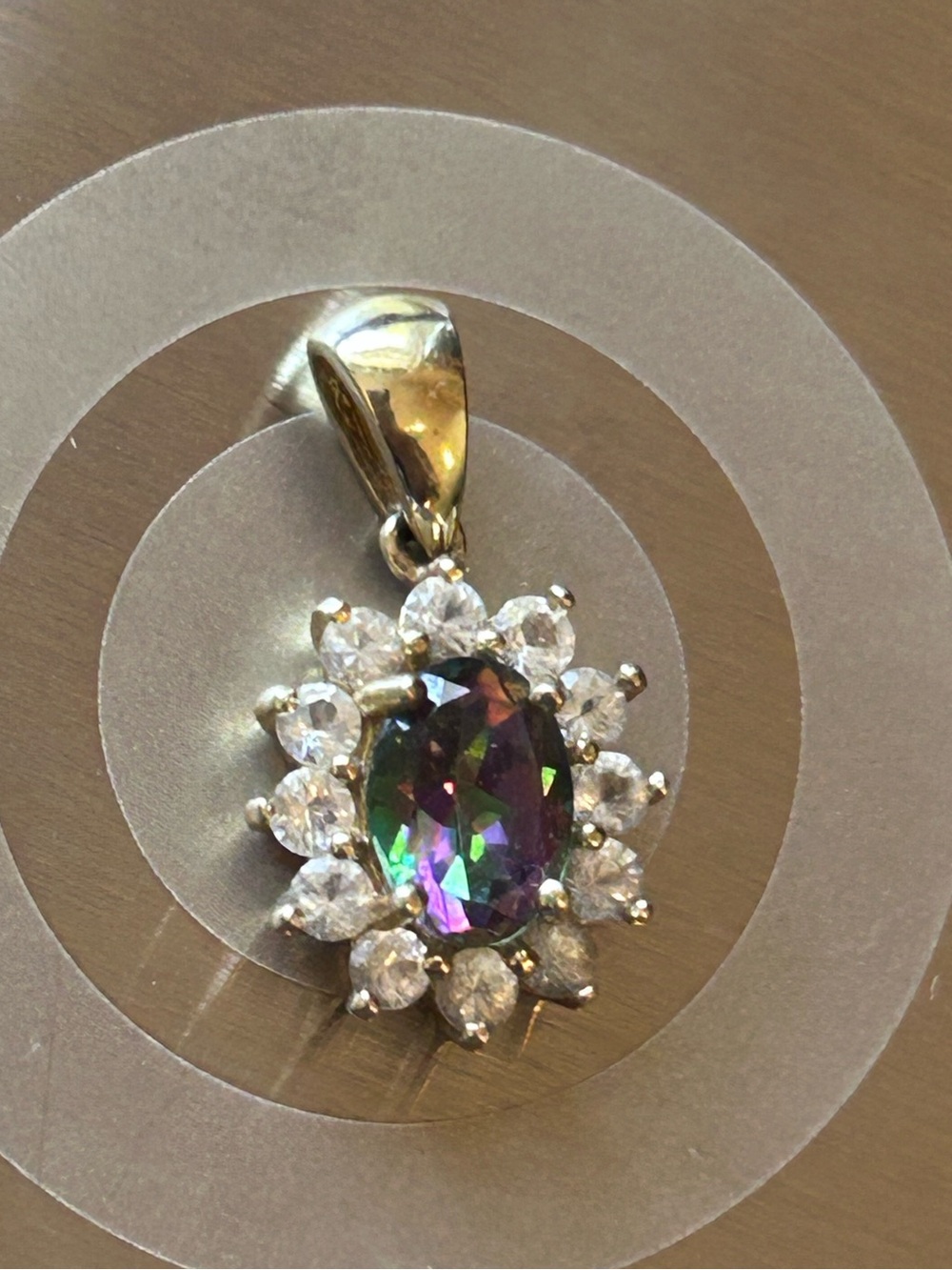 Vintage 10K Gold Mystic Topaz Halo Pendant Charm - Rainbow Fire